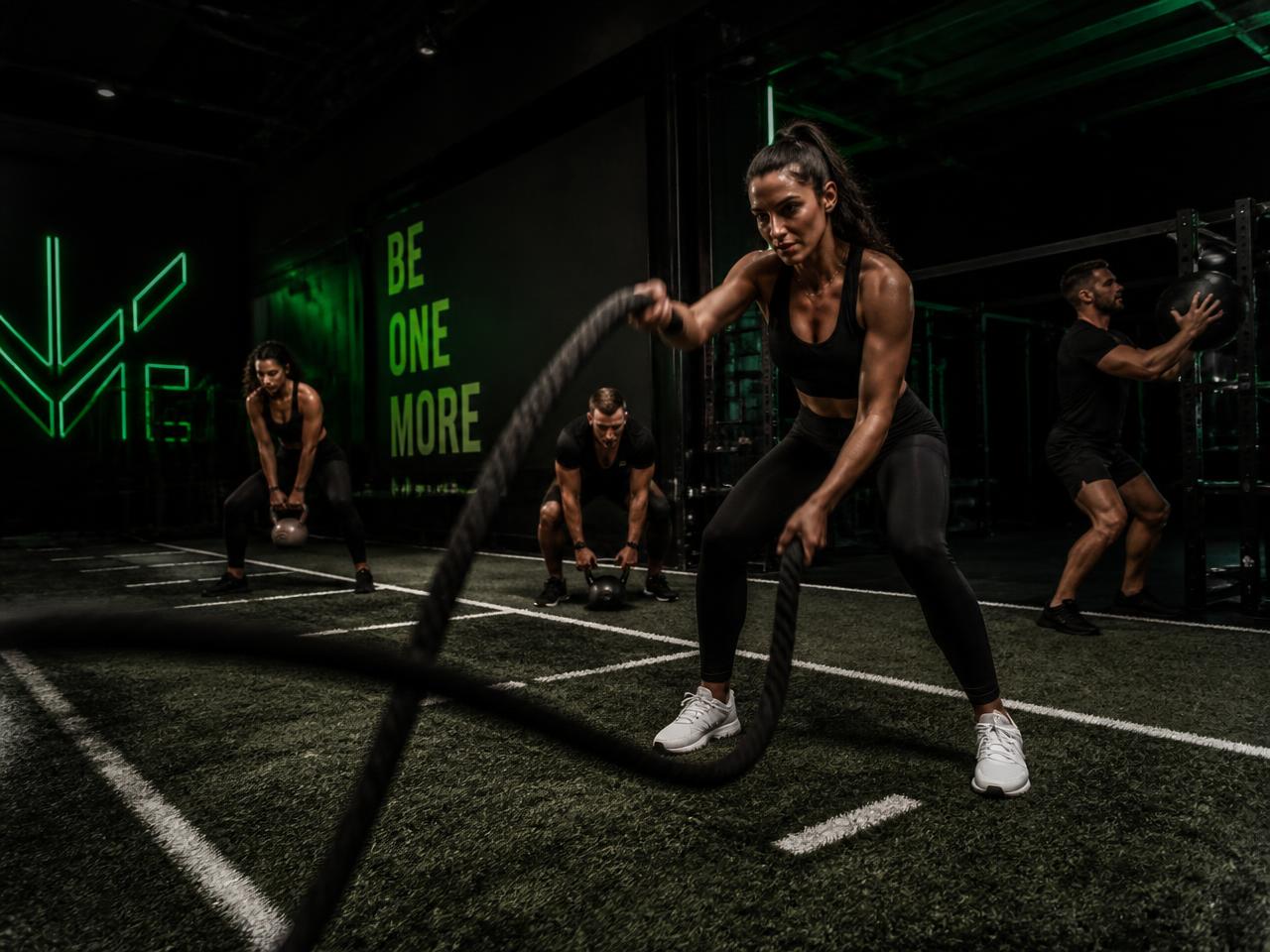Turma de treinamento funcional em atividade na Vértice Performance